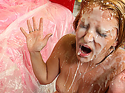 Blonde slut takes massive cock in mouth and pussy