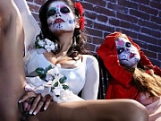 Sexy, busty beauties in mexican make-up touch themselves!