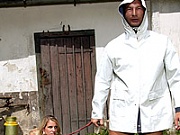 Hot teenager on a leash pissed on by her horny boyfriend