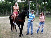 College teen topless horse riding and threesome on nature retreat