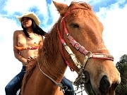 Petite tiny titted eighteen year old rides horse topless outdoors