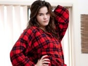 Long haired brunette Arienne undressing and posing