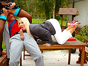 Outdoor silk and satin fetish scene with two babes who keep their elegant clothes on to get fucked and pissed on by one dude