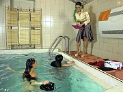 Fetish lesbians with wet clothes after jumping in the water