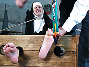 Brother JR locks Sister Marinas feet in stocks and torments her feet