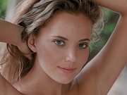 Katya Clover naturally busty blonde pink shirt & panties strip-tease