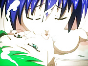 Horny hentai honeys share a massive throbbing dick