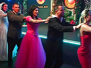 Video Clips of night club wedding reception party with lots of brides in sexy silk and satin outfits going down on the grooms or each other at drunk sex party