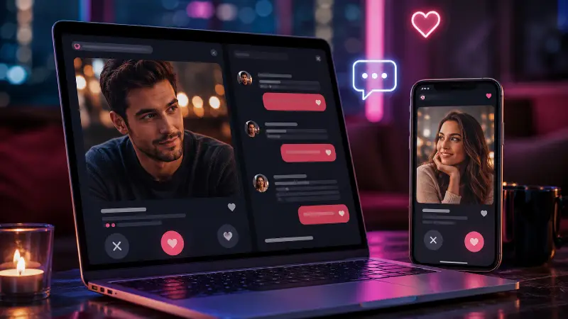 Laptop and smartphone showing an online dating chat interface for an adult personals article