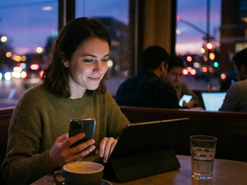 A woman finds genuine digital warmth in a cold, crowded bar.