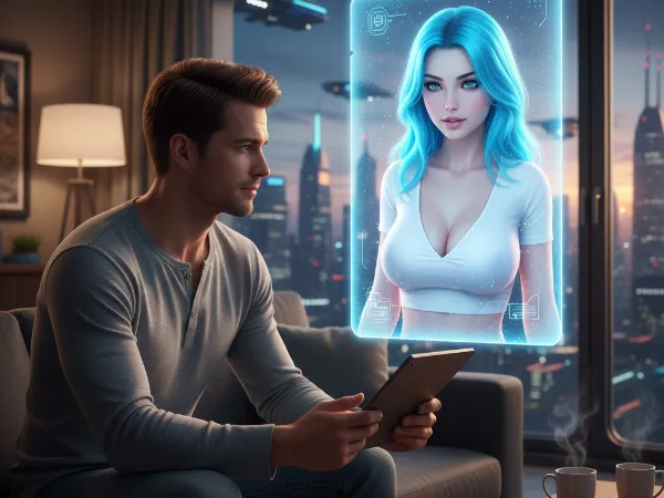 Visualizing virtual companionship: A man interacts with a beautiful, glowing, holographic AI girlfriend projected from his device in a modern apartment.