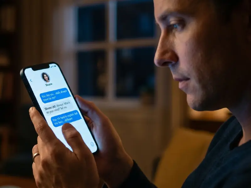 A man messaging his AI companion late at night.