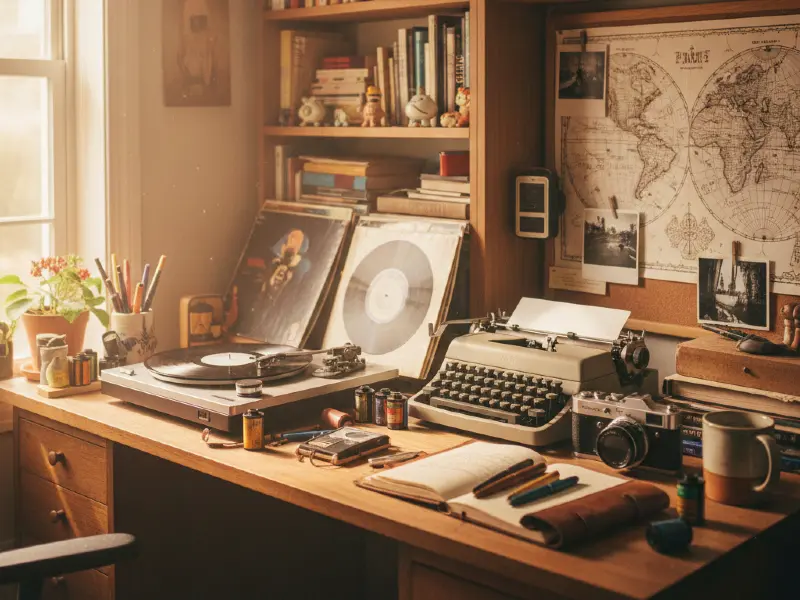 A workspace trades pixels for personality, featuring a curated chaos of vintage typewriters, vinyl records, film canisters, and fountain pens bathed in warm, natural light.