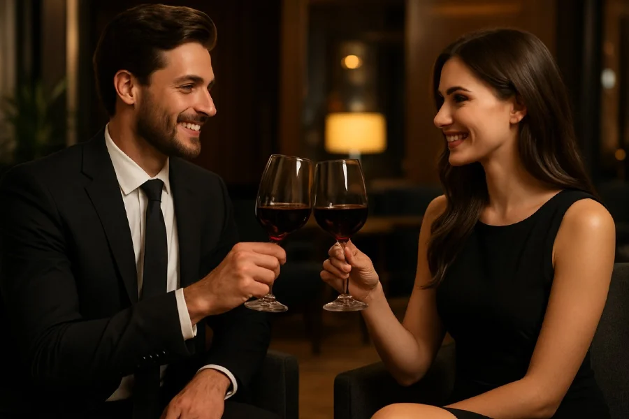 Stylish man and woman clinking glasses at a lounge – breaking the ice naturally