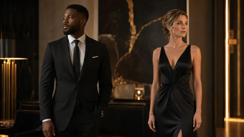 Elegant interracial couple in evening clothes standing apart in a luxury lounge setting