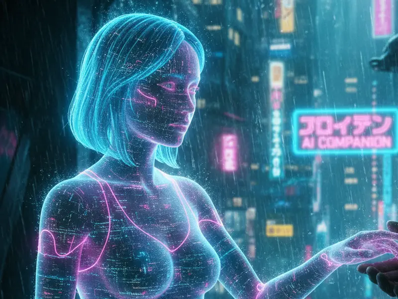 A holographic AI companion reaching out to a human hand in a neon-lit, rain-soaked futuristic city, inspired by Joi from Blade Runner 2049.
