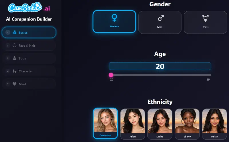 CamSoda.ai AI Companion Builder for creating a custom AI girlfriend