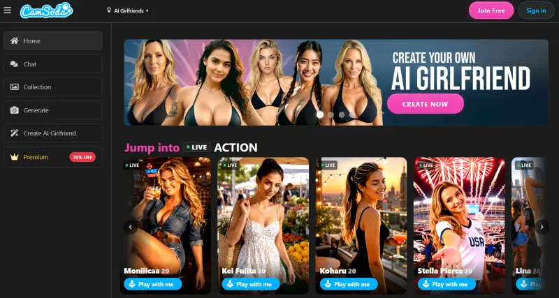 CamSoda.ai homepage showing AI girlfriend characters and create your own AI girlfriend banner
