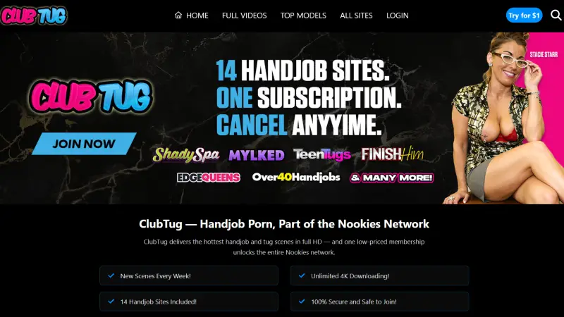 Club Tug homepage promoting 14 handjob sites with one subscription