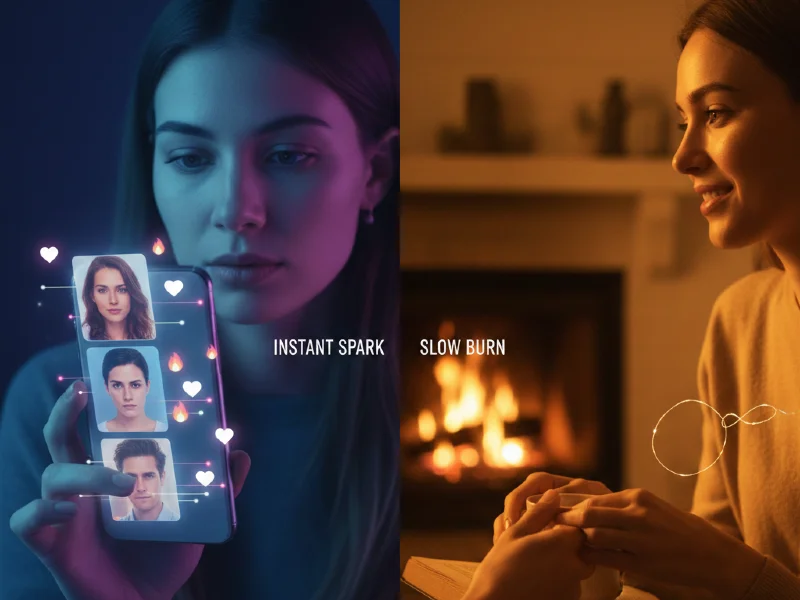 A split-screen comparison showing a woman on a dating app under cold neon light titled Instant Spark versus a couple holding hands by a warm fireplace titled Slow Burn.