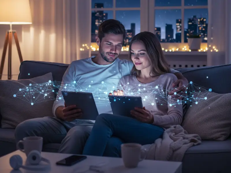 Couple on a sofa using tablets with glowing digital network connections.