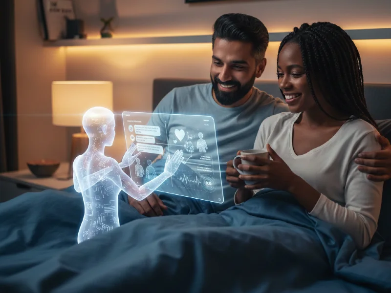 A smiling couple in their 30s sitting in bed, interacting with a glowing blue holographic AI relationship interface that displays intimacy and communication icons.