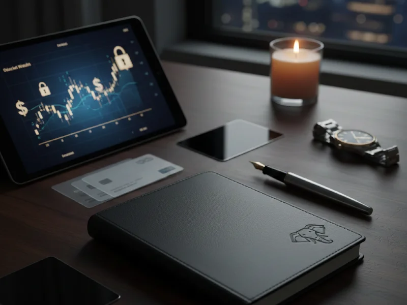 Discreet wealth management setup with tablet showing secure financial charts, a luxury journal, and subtle tech accessories.