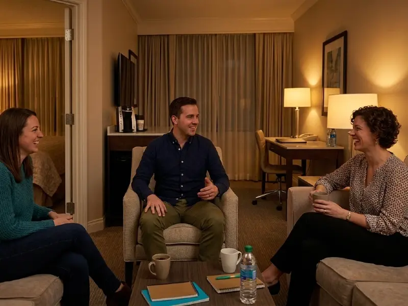 Man talking with two women in a hotel suite discussing a threesome fantasy.