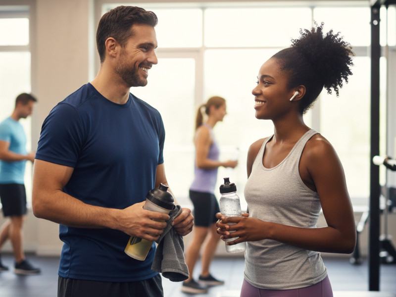 A man respectfully approaches a woman at the gym during a water break, maintaining appropriate distance to flirt without interrupting her workout. Image illustrates gym dating etiquette.