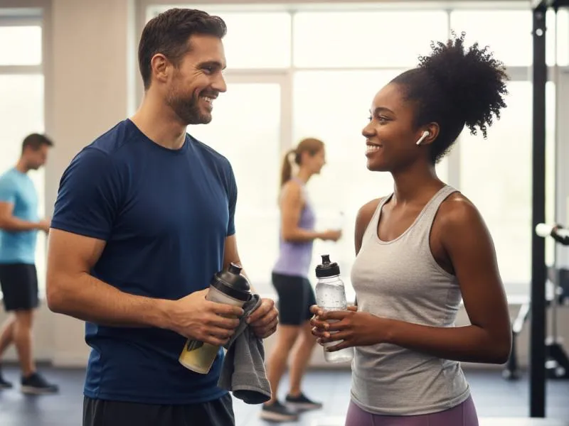 A man respectfully approaches a woman at the gym during a water break, maintaining appropriate distance to flirt without interrupting her workout. Image illustrates gym dating etiquette.