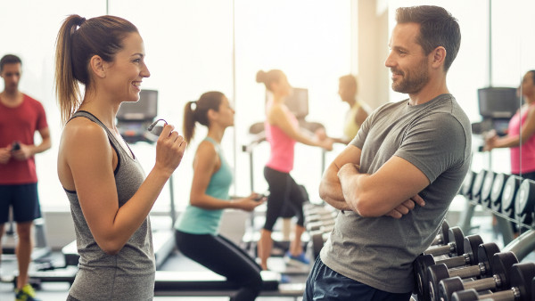 A woman in workout gear smiles and talks with a man leaning against a dumbbell rack in a bright gym.