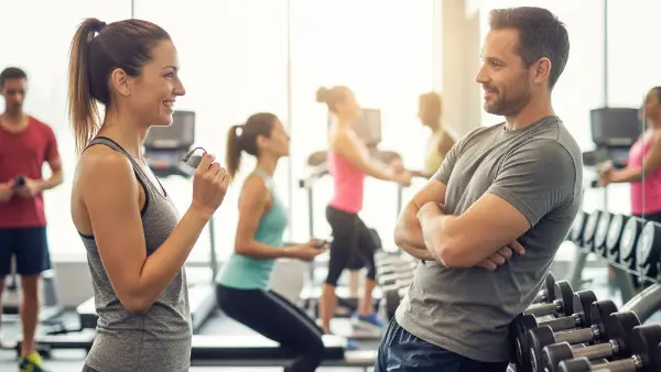 A woman in workout gear smiles and talks with a man leaning against a dumbbell rack in a bright gym.
