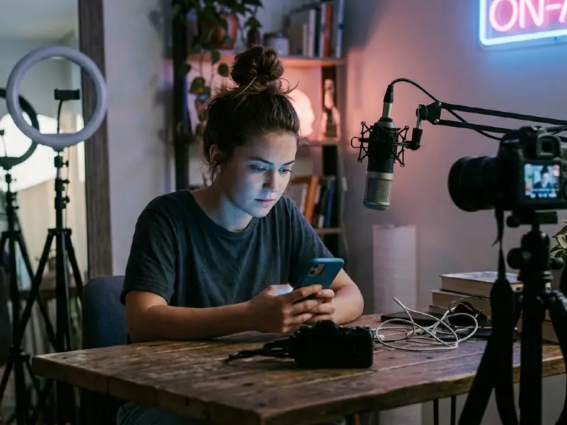 Content creator working in home studio with ring light and phone.