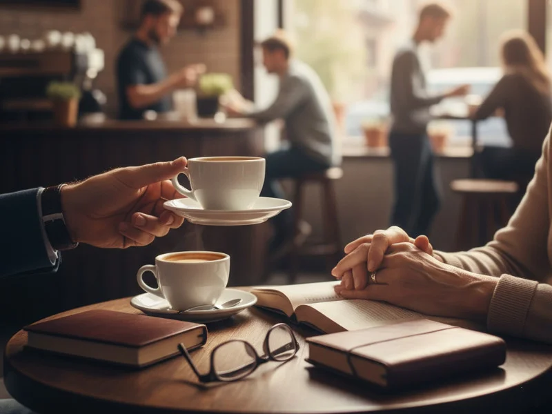 A close-up shot of hands holding a coffee cup, representing a casual meeting in a coffee shop