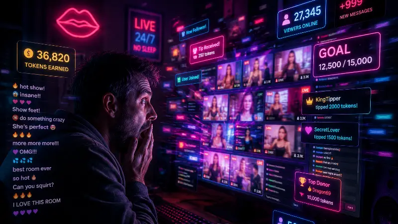 Man overwhelmed by neon livestream chaos and digital overload