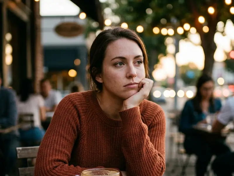Woman looking bored at a cafe with a cold latte and phone.