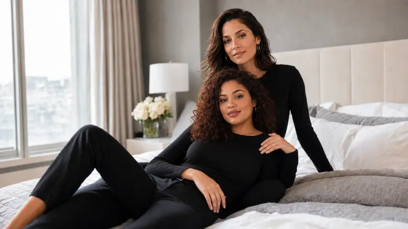 Two women sharing an intimate moment in a softly lit bedroom