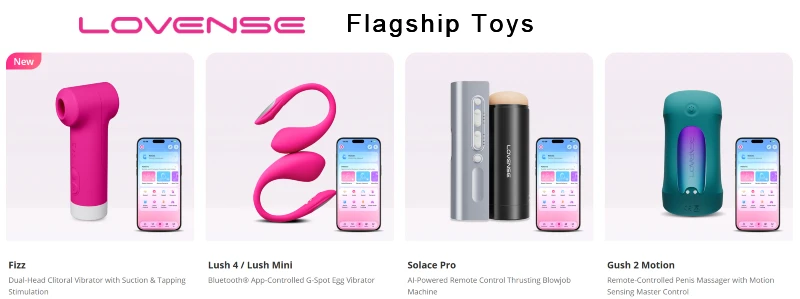 Lovense flagship toys including Fizz, Lush 4, Lush Mini, Solace Pro, and Gush 2 Motion