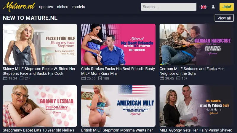 Mature.nl homepage showing mature women, MILF, granny, lesbian, and age-gap fantasy videos