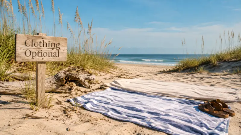 Clothing optional sign beside beach towels and sandals on a quiet sandy beach