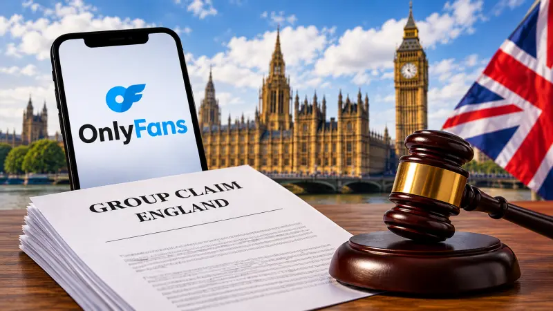 OnlyFans logo on a smartphone beside legal documents and a judge's gavel, with Big Ben and the British flag in the background.
