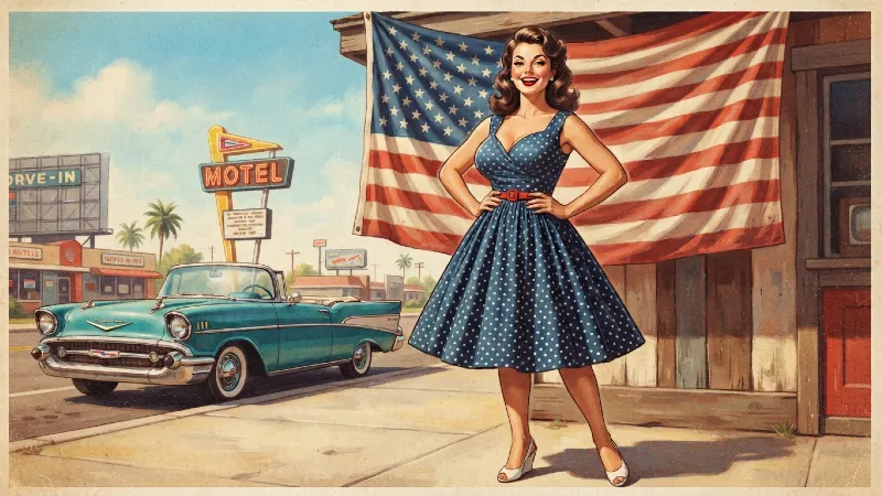 Vintage American pin-up woman posing in front of an American flag