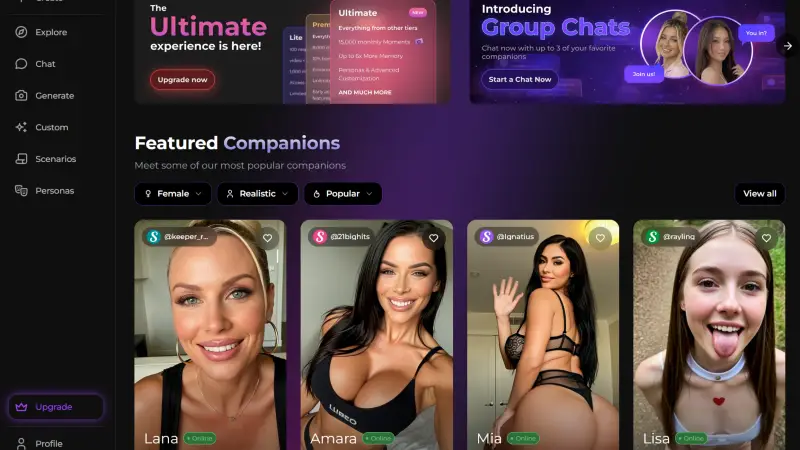 Screenshot of Secrets.ai showing AI girlfriend characters and fantasy chat options.