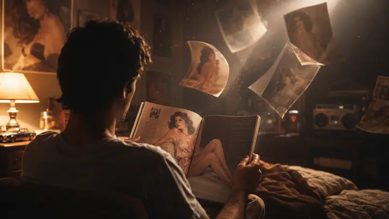 A man sits in a dimly lit bedroom flipping through a glamour magazine