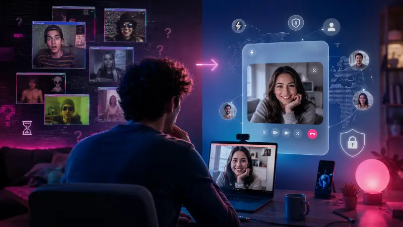 Modern random video chat scene showing the evolution from chaotic webcam chat to clean cam-to-cam live video culture.
