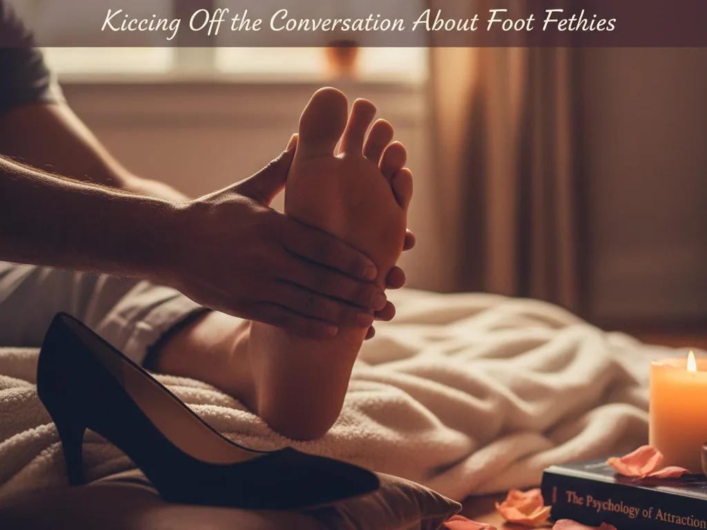 Hands gently giving a sensual foot massage to a bare foot, with a high heel, rose petals, and a lit candle nearby, evoking intimacy and pleasure related to foot fetishes.