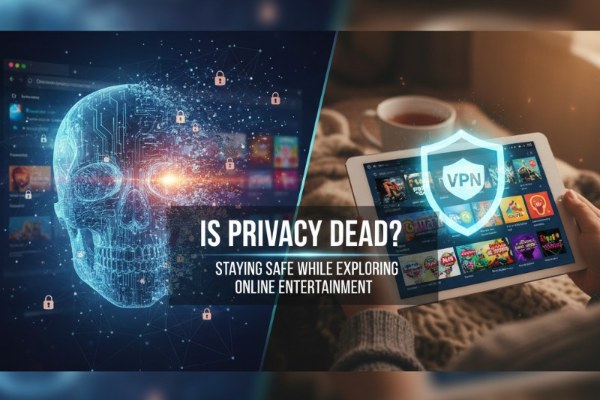 A digital skull with a lock and a person using a tablet with a VPN shield