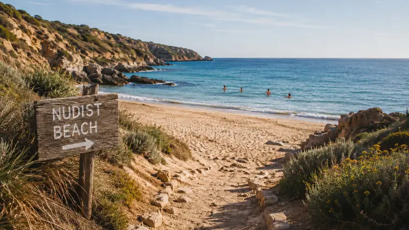A quiet nudist beach with a wooden sign, sandy path, blue ocean, and people swimming in the distance.