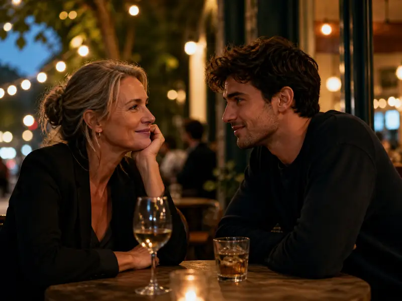 Older woman and younger man sharing a connection at a café.
