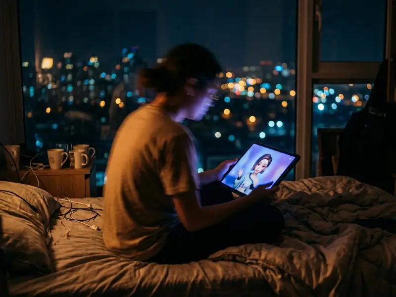Person late at night in bed looking intently at glowing tablet avatar.